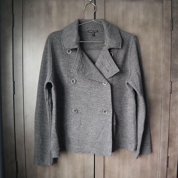 Eileen Fisher Felted 96% Merino Wool Pea Coat Sweater M Medium Charcoal Pockets - Picture 2 of 10